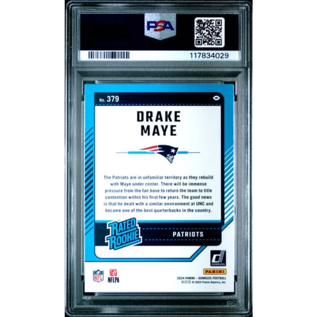 Graded 2024 Panini Donruss Drake Maye #379 Rookie RC Football Card PSA 9 Mint | PSA 9 Mint Graded Rookie Card | vintageantiquesgifts.com