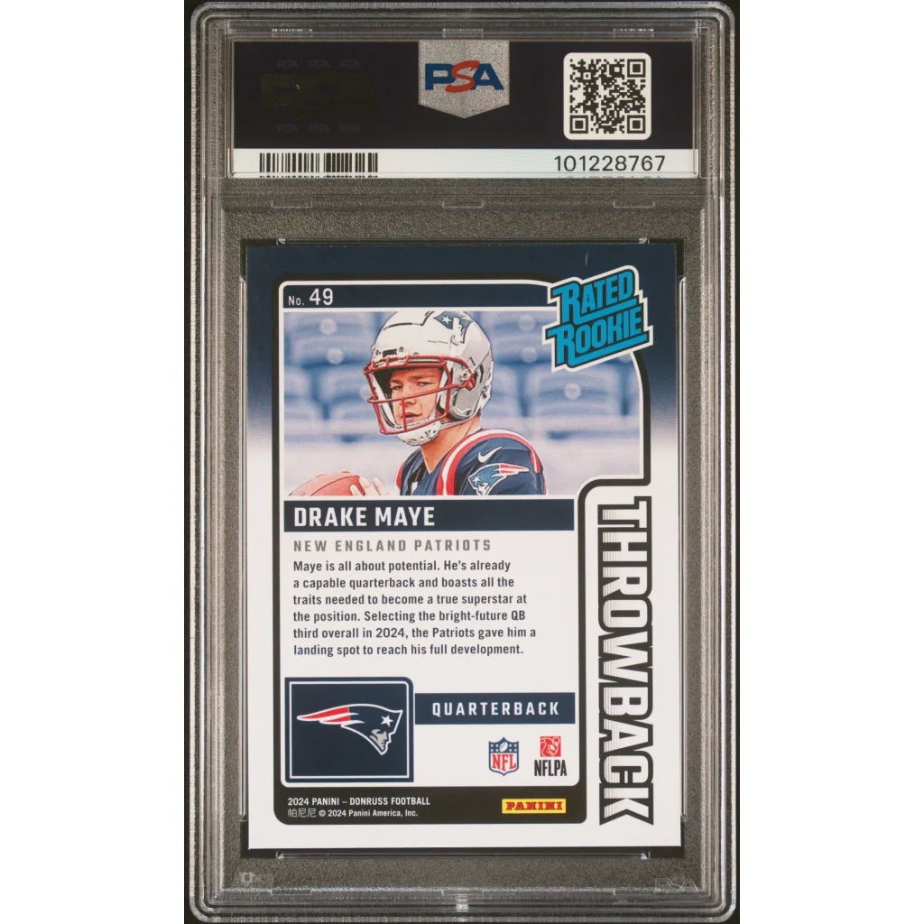 Graded 2024 Panini Donruss Drake Maye #49 Rated Rookies Throwback Rookie RC Football Card PSA 10 Gem Mint