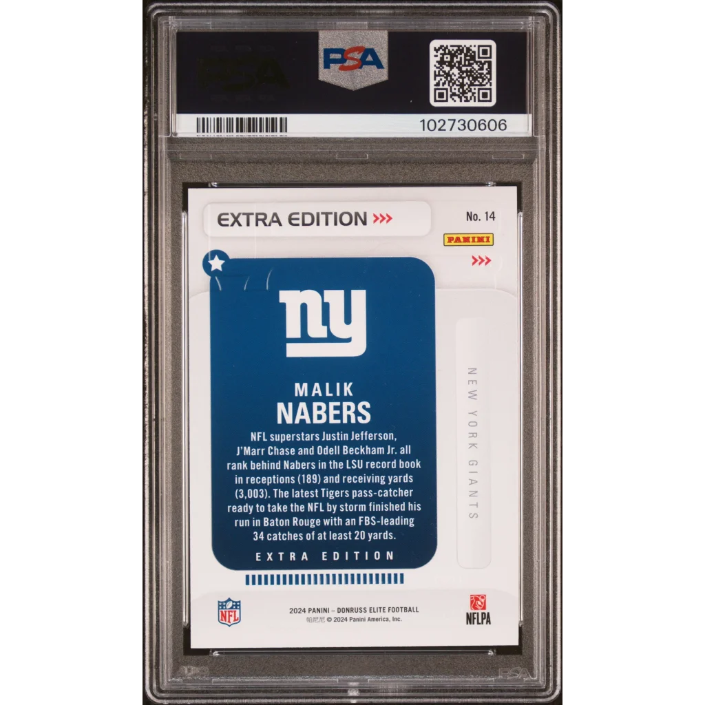 Graded 2024 Panini Donruss Elite Malik Nabers #14 Extra Edition Rookie RC Football Card PSA 10 Gem Mint | PSA 10 Gem Mint Graded Rookie Card | vintageantiquesgifts.com