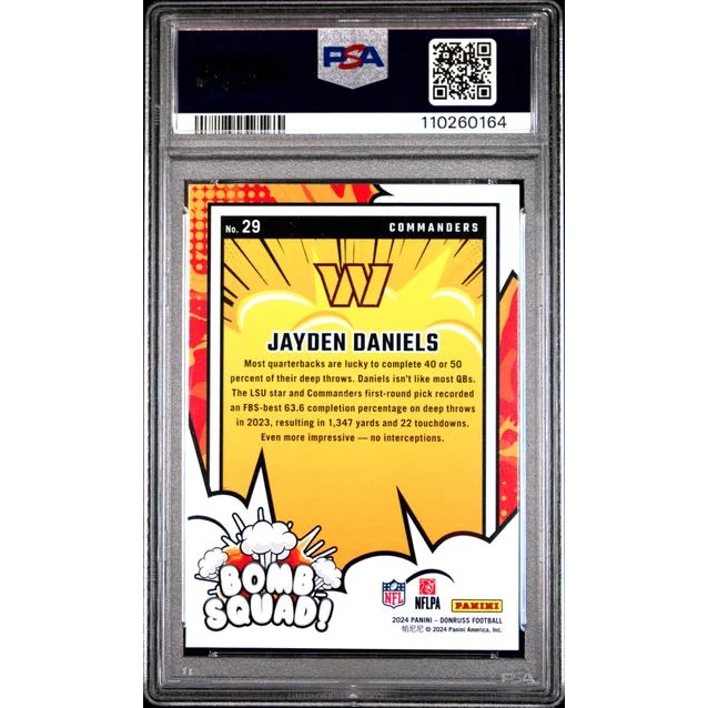 PSA Graded Jayden Daniels 2024 Donruss Bomb Squad Football Card front view