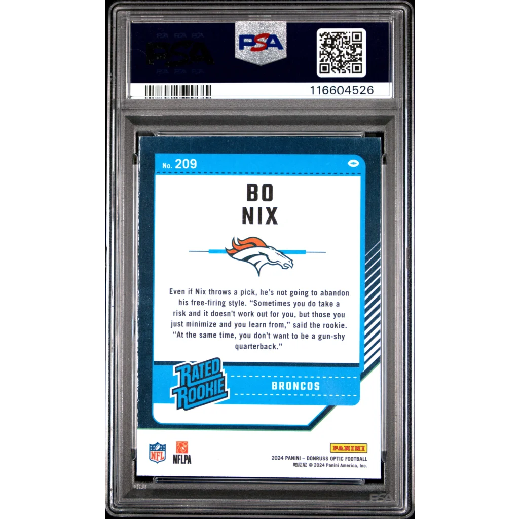 Graded 2024 Panini Donruss Optic Bo Nix #209 Rookie RC Football Card PSA 10 Gem Mint | PSA 10 Gem Mint Graded Rookie Card | vintageantiquesgifts.com