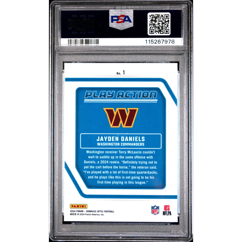 Encased Jayden Daniels 2024 Donruss Optic Rookie Card PSA Graded sports trading card