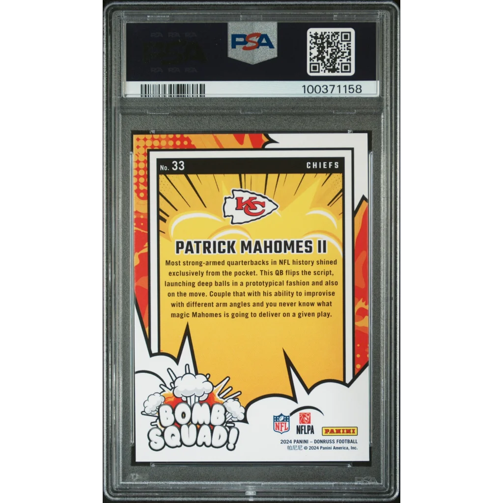 Graded 2024 Panini Donruss Patrick Mahomes II #33 Bomb Squad Football Card PSA 10 Gem Mint | PSA 10 Gem Mint Graded Football Card | vintageantiquesgifts.com