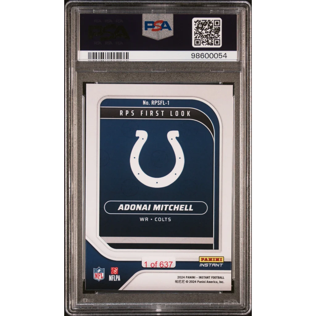 Graded 2024 Panini Instant NFL Adonai Mitchell #RPSFL1 RPS First Look Rookie RC Football Card PSA 10 Gem Mint | PSA 10 Gem Mint Graded Rookie Card | vintageantiquesgifts.com