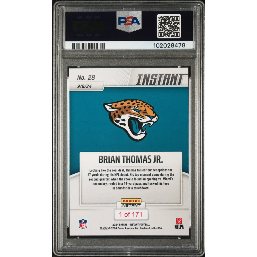 Graded 2024 Panini Instant NFL Brian Thomas Jr #28 Rookie RC Football Card PSA 10 Gem Mint | PSA 10 Gem Mint Graded Rookie Card | vintageantiquesgifts.com