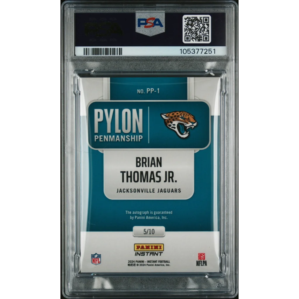 Graded 2024 Panini Instant NFL Brian Thomas Jr #PP1 Pylon Penmanship #/10 Rookie RC Football Card PSA Authentic Auto | PSA Authentic Auto Graded Rookie Card | vintageantiquesgifts.com