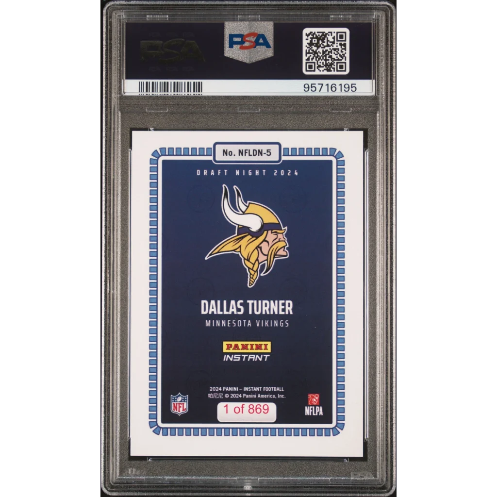 Graded 2024 Panini Instant NFL Dallas Turner #5 Draft Night Rookie RC Football Card PSA 9 Mint | PSA 9 Mint Graded Rookie Card | vintageantiquesgifts.com