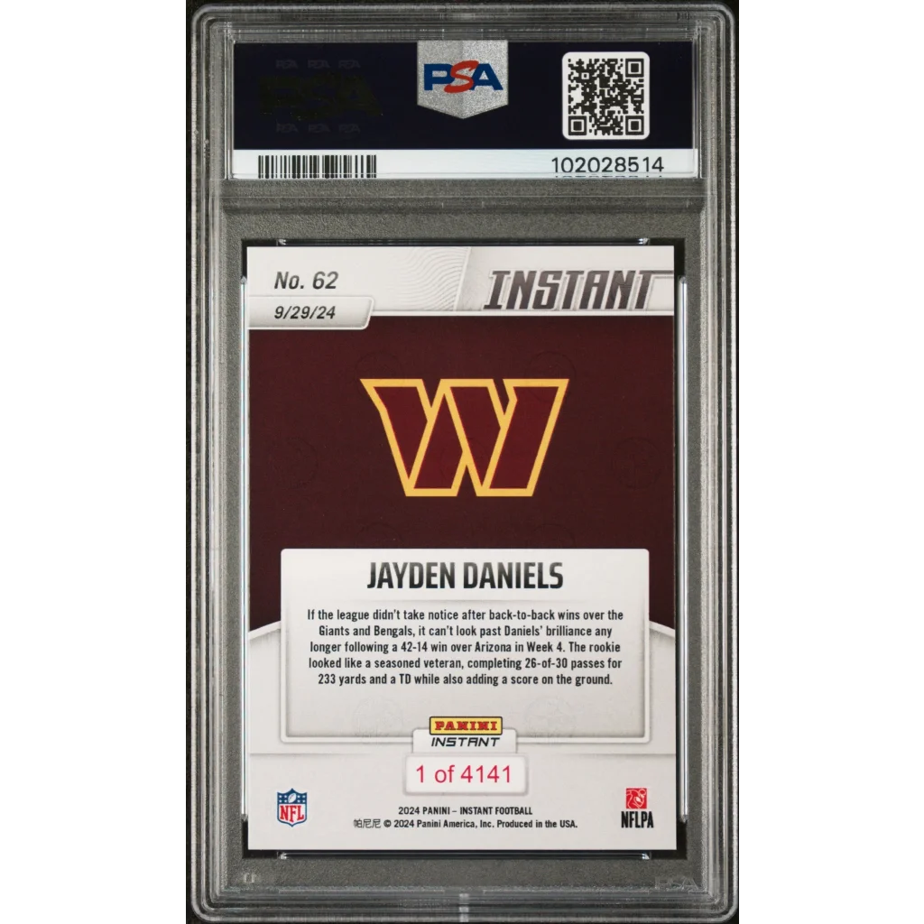 PSA 10 Graded 2024 Panini Jayden Daniels Rookie Card with Maroon Gold W Logo