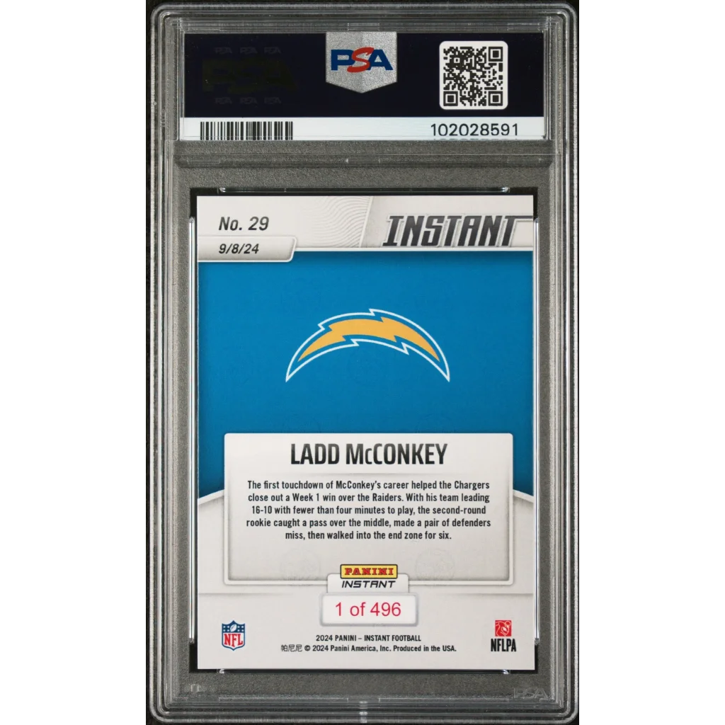 Graded 2024 Panini Instant Ladd McConkey Chargers rookie football card in PSA case