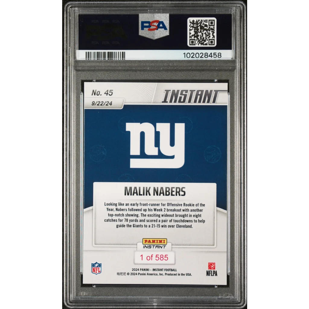 Graded Malik Nabers football trading card by PSA GEM MT 10, professional sports authenticator