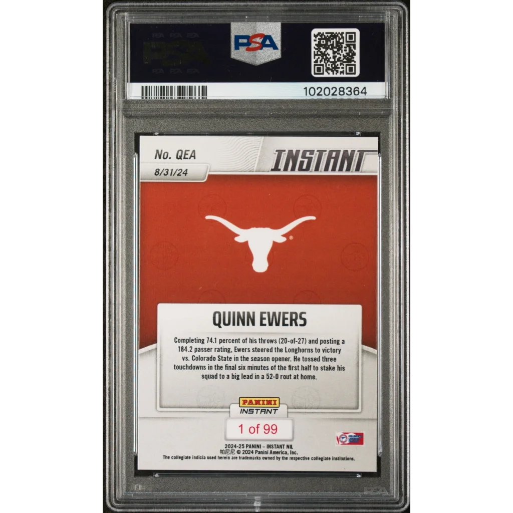 Graded 2024 Panini Instant NIL Quinn Ewers #QEA Rookie RC Football Card PSA 10 Gem Mint | PSA 10 Gem Mint Graded Rookie Card | vintageantiquesgifts.com