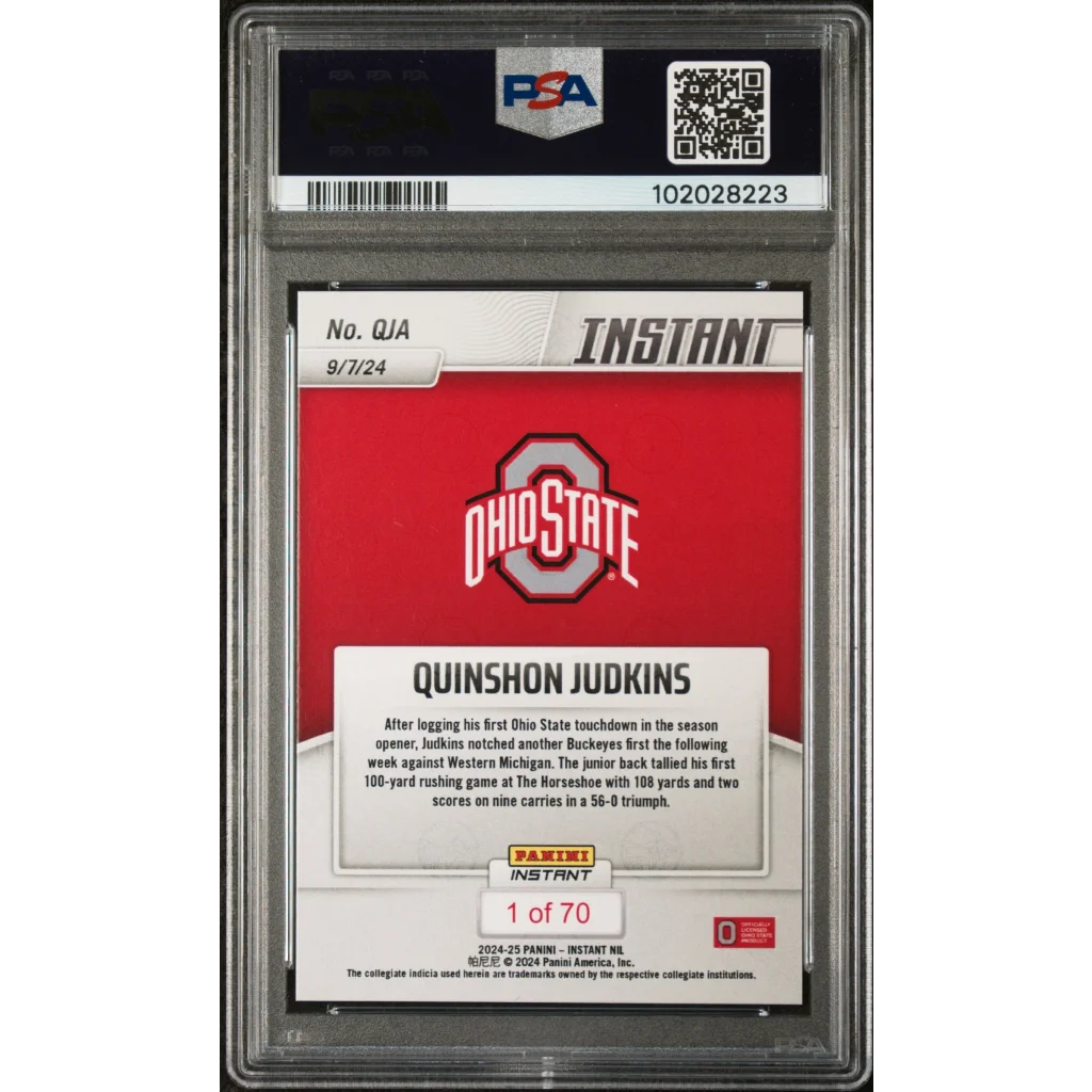 Graded Ohio State football trading card of Quinshon Judkins from Panini Instant 2024