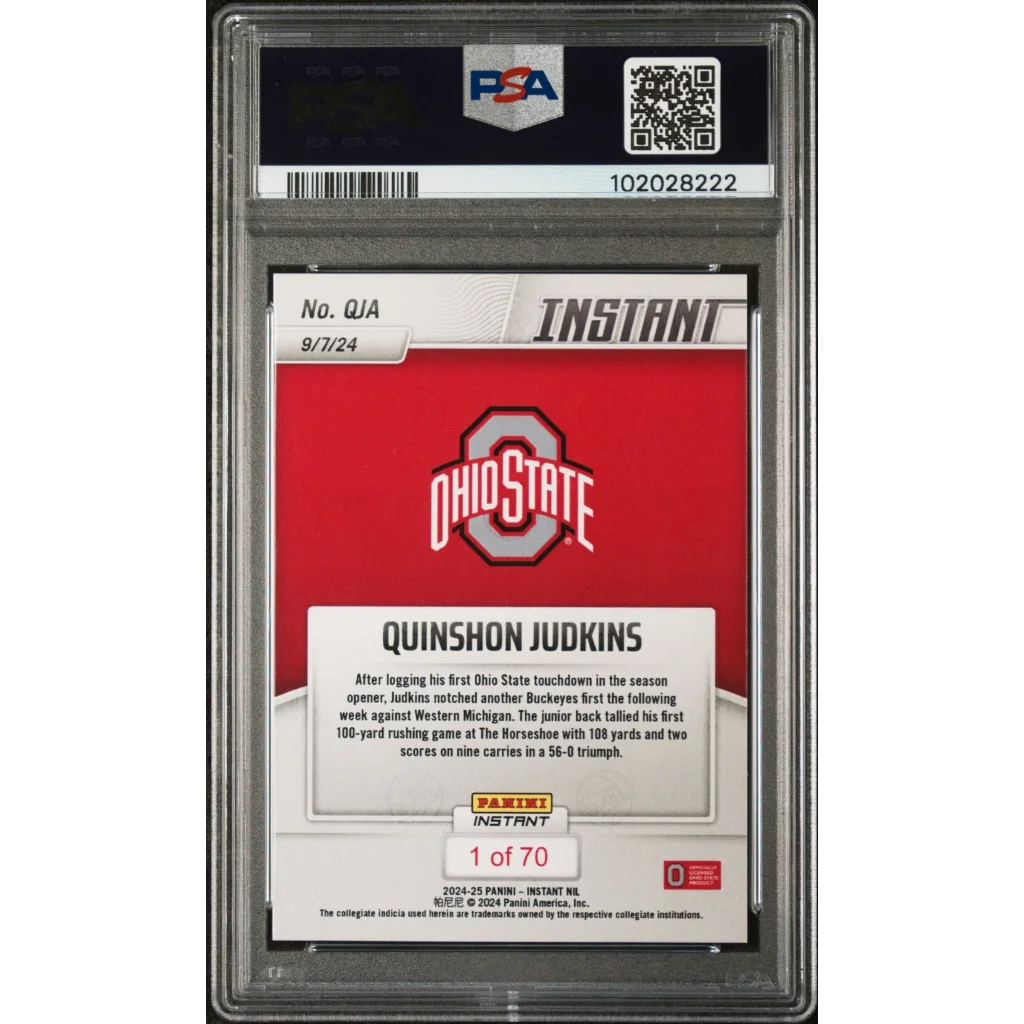 PSA graded football trading card featuring a red jersey and number 1 player