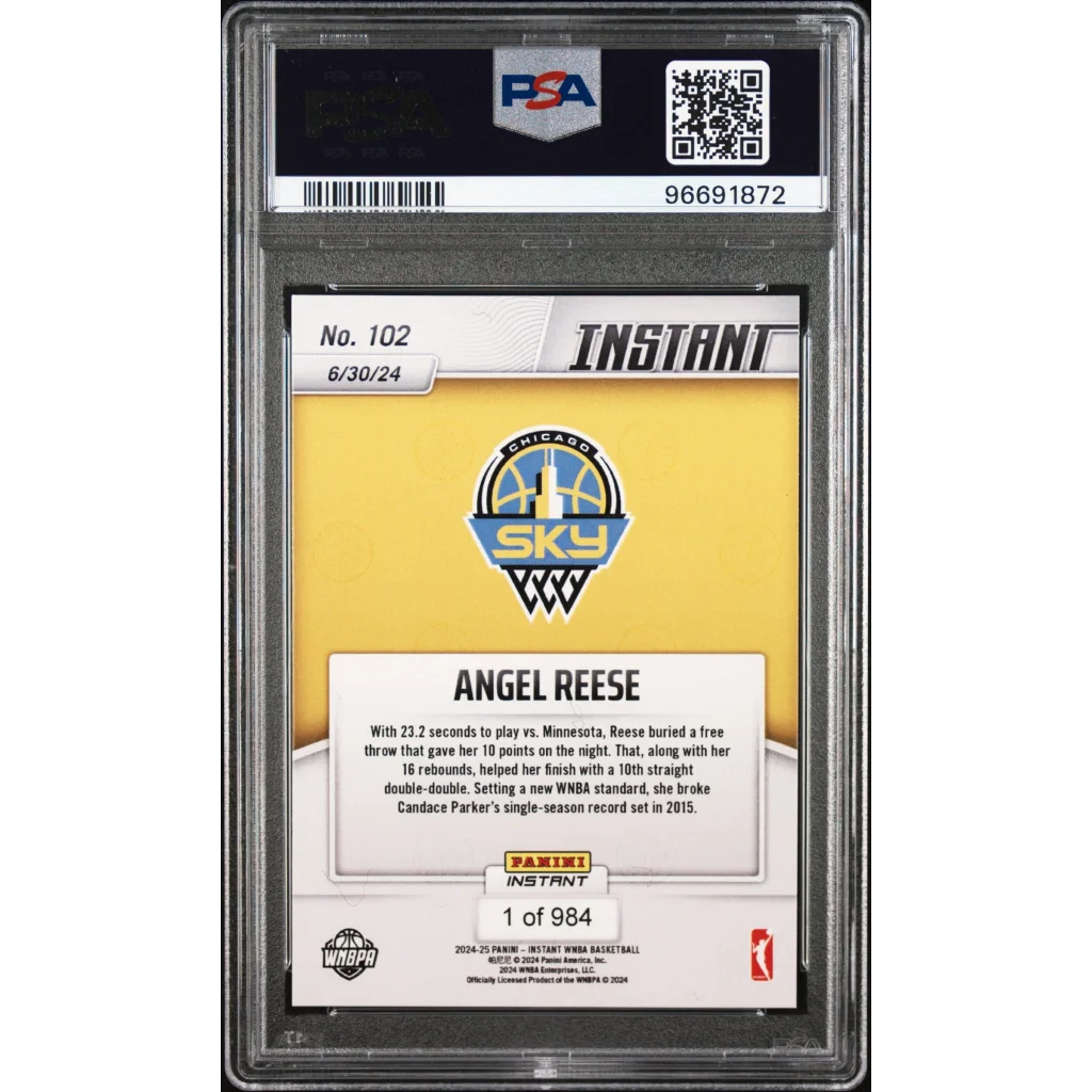 Graded PSA 9 2024 Panini Instant WNBA Angel Reese rookie card yellow blue design 1 of 984