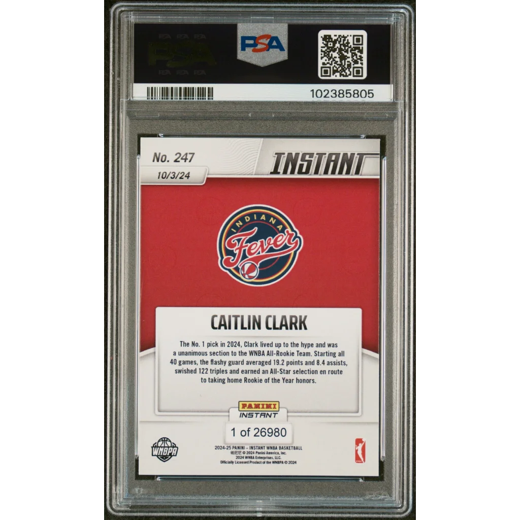 Graded PSA 10 Caitlin Clark 2024 Panini Instant WNBA Rookie Card in Red White Slab