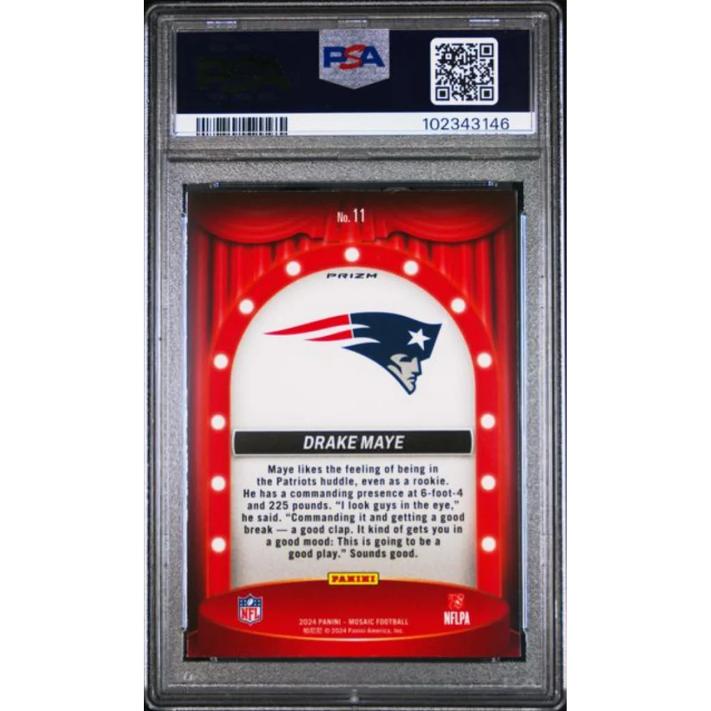Graded 2024 Panini Mosaic Drake Maye 11 Center Stage Silver Rookie RC Football Card PSA 10 Gem Mint | PSA 10 Gem Mint Graded Rookie Card | vintageantiquesgifts.com