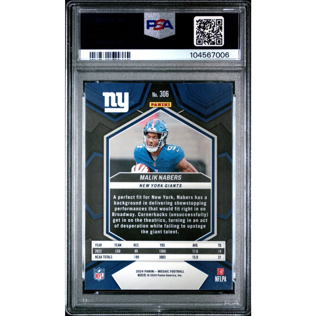 Graded 2024 Panini Mosaic Malik Nabers #306 Rookie RC Football Card PSA 9 Mint | PSA 9 Mint Graded Rookie Card | vintageantiquesgifts.com