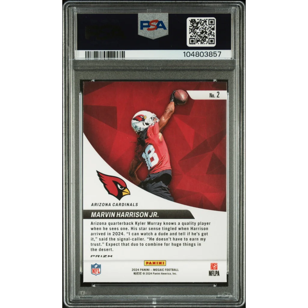 PSA 10 Marvin Harrison Jr Rookie Card Mosaic Elevate Green Gem Mint displayed