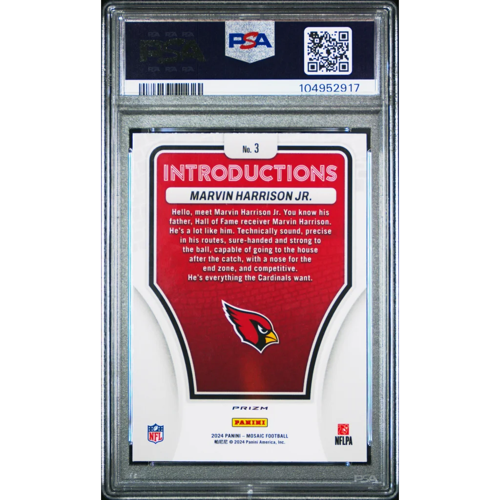 Graded 2024 Panini Mosaic Marvin Harrison Jr #3 Introductions Silver Rookie RC Football Card PSA 10 Gem Mint | PSA 10 Gem Mint Graded Rookie Card | vintageantiquesgifts.com