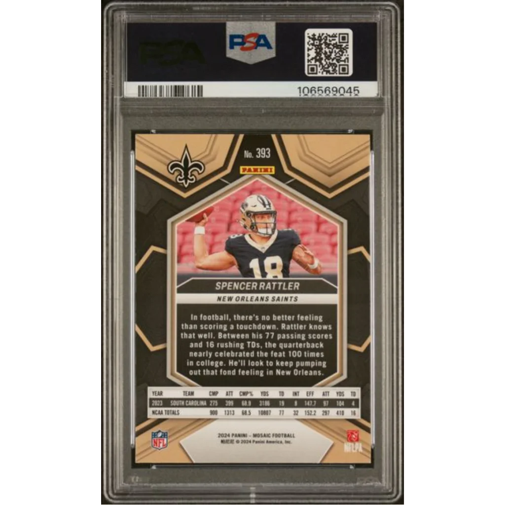 Graded 2024 Panini Mosaic Spencer Rattler #393 Rookie RC Football Card PSA 10 Gem Mint | PSA 10 Gem Mint Graded Rookie Card | vintageantiquesgifts.com