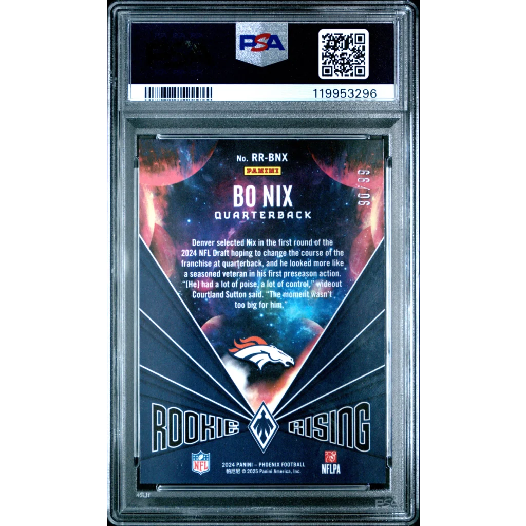 Graded 2024 Panini Phoenix Bo Nix #RRBNX Rookie Rising Red /99 Rookie RC Football Card PSA 10 Gem Mint