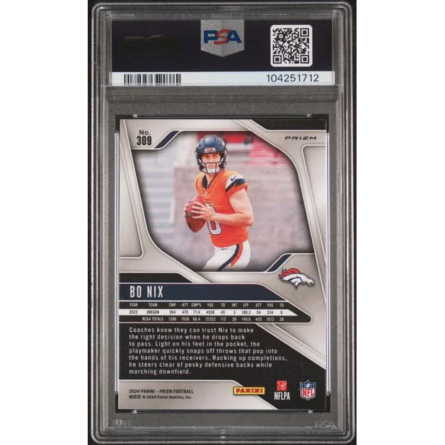Graded 2024 Panini Prizm Bo Nix #309 Silver Prizm Rookie RC Football Card PSA 10 Gem Mint | PSA 10 Gem Mint Graded Rookie Card | vintageantiquesgifts.com