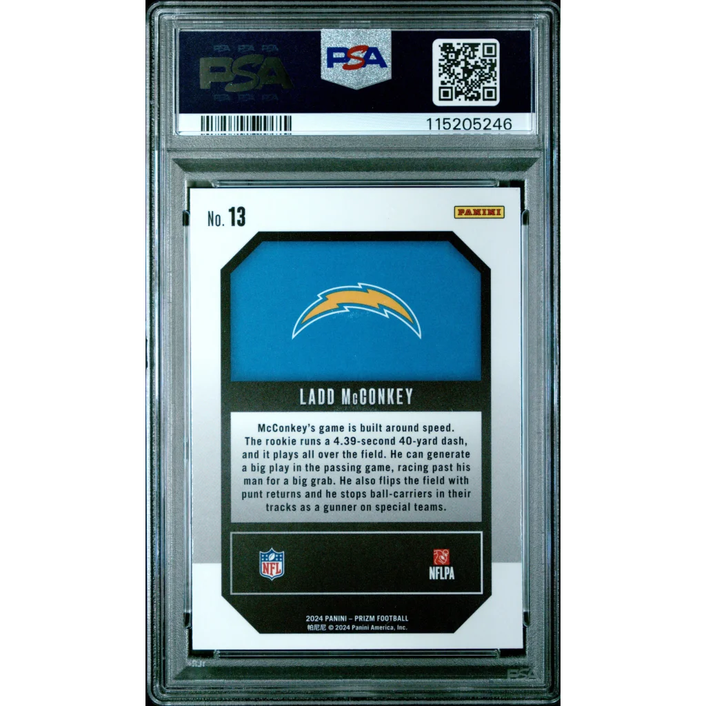 Graded PSA 10 Ladd McConkey Prizm Emergent Chargers Rookie Card with Chargers logo