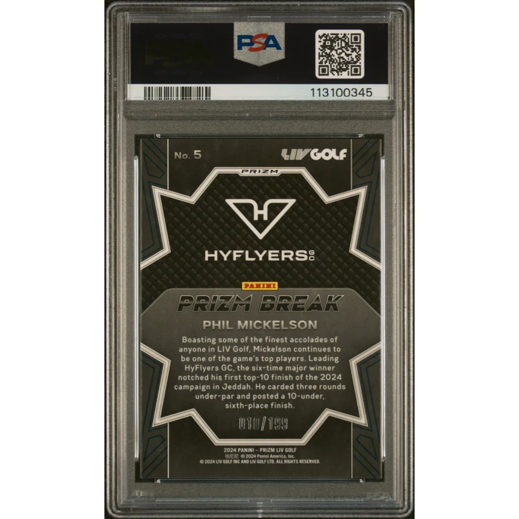 Graded 2024 Panini Prizm LIV Golf Phil Mickelson #5 Prizm Break Teal Prizm /199 Rookie RC Card PSA 10 Gem Mint | PSA 10 Gem Mint Graded Rookie Card | vintageantiquesgifts.com