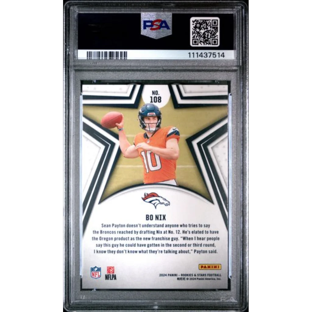Graded 2024 Panini Rookies Stars Bo Nix #108 True Blue /149 Rookie RC Football Card PSA 10 Gem Mint | PSA 10 Gem Mint Graded Rookie Card | vintageantiquesgifts.com