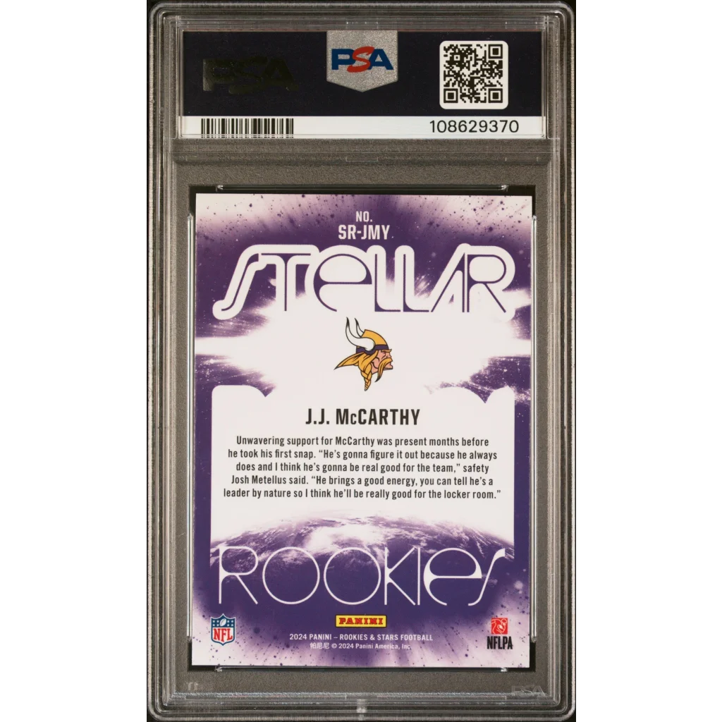 Graded 2024 Panini Rookies & Stars JJ McCarthy #SRJMY Stellar Rookies Rookie RC Football Card PSA 10 Gem Mint | PSA 10 Gem Mint Graded Rookie Card | vintageantiquesgifts.com