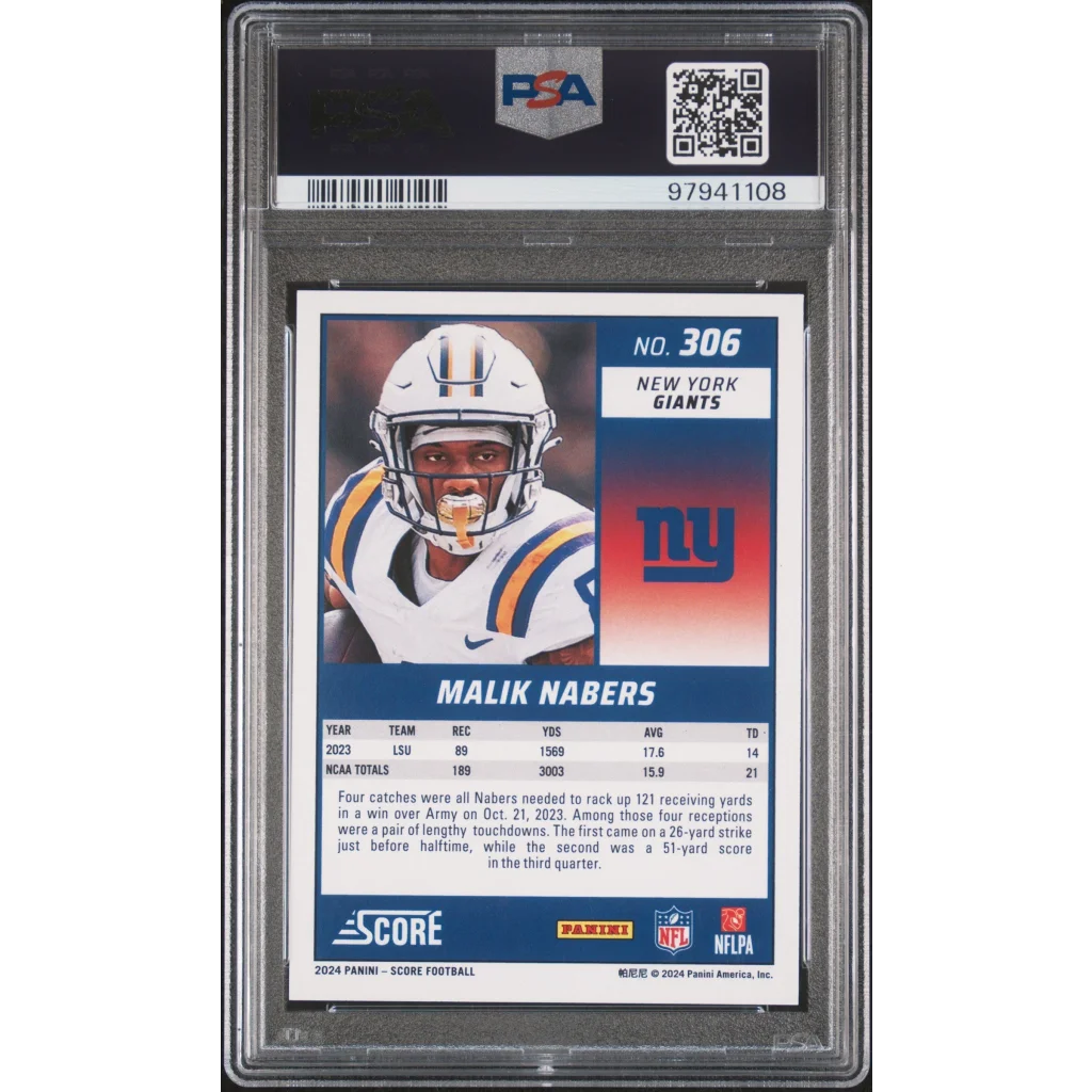Graded PSA 10 2024 Panini Score Malik Nabers #306 Rookie Giants Card