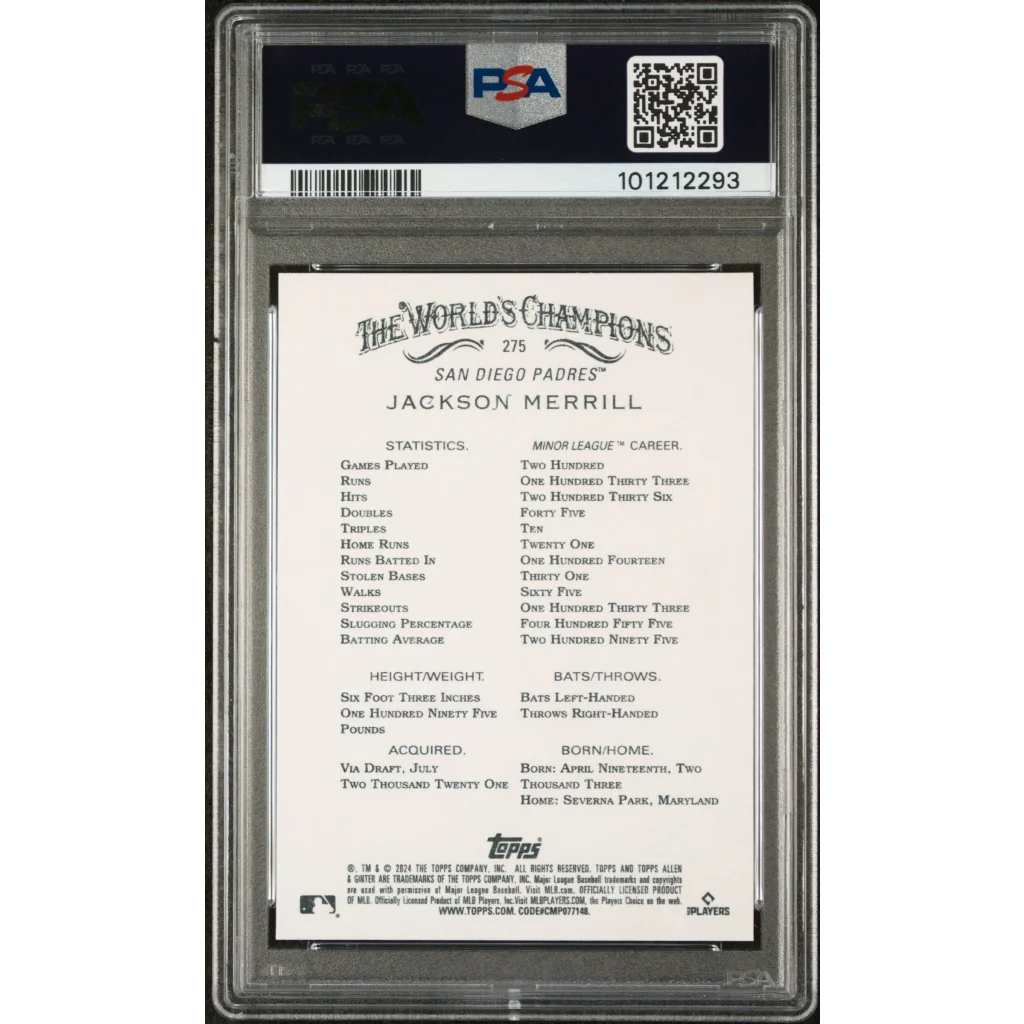 Graded 2024 Topps Allen & Ginter Jackson Merrill #275 Rookie PSA 10