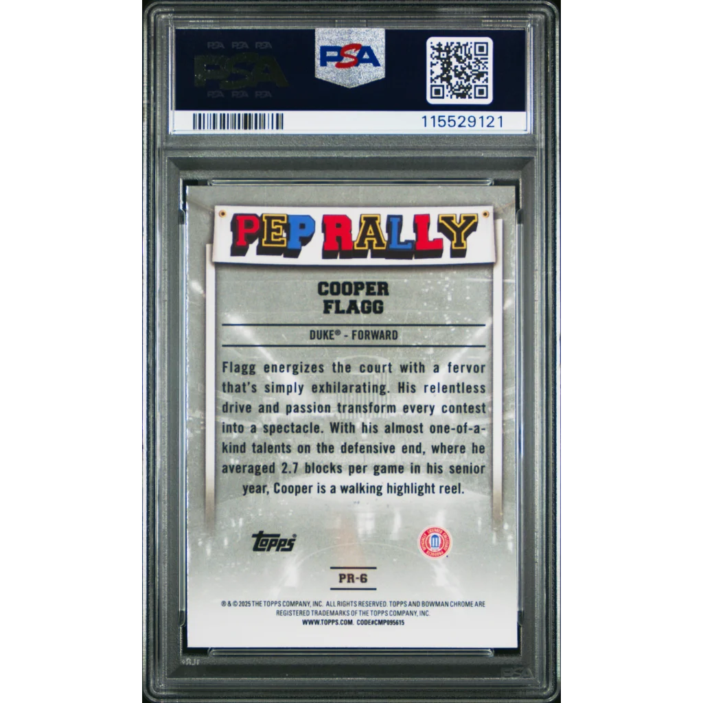 A graded Cooper Flagg 2024 Bowman Chrome basketball card in PSA holder