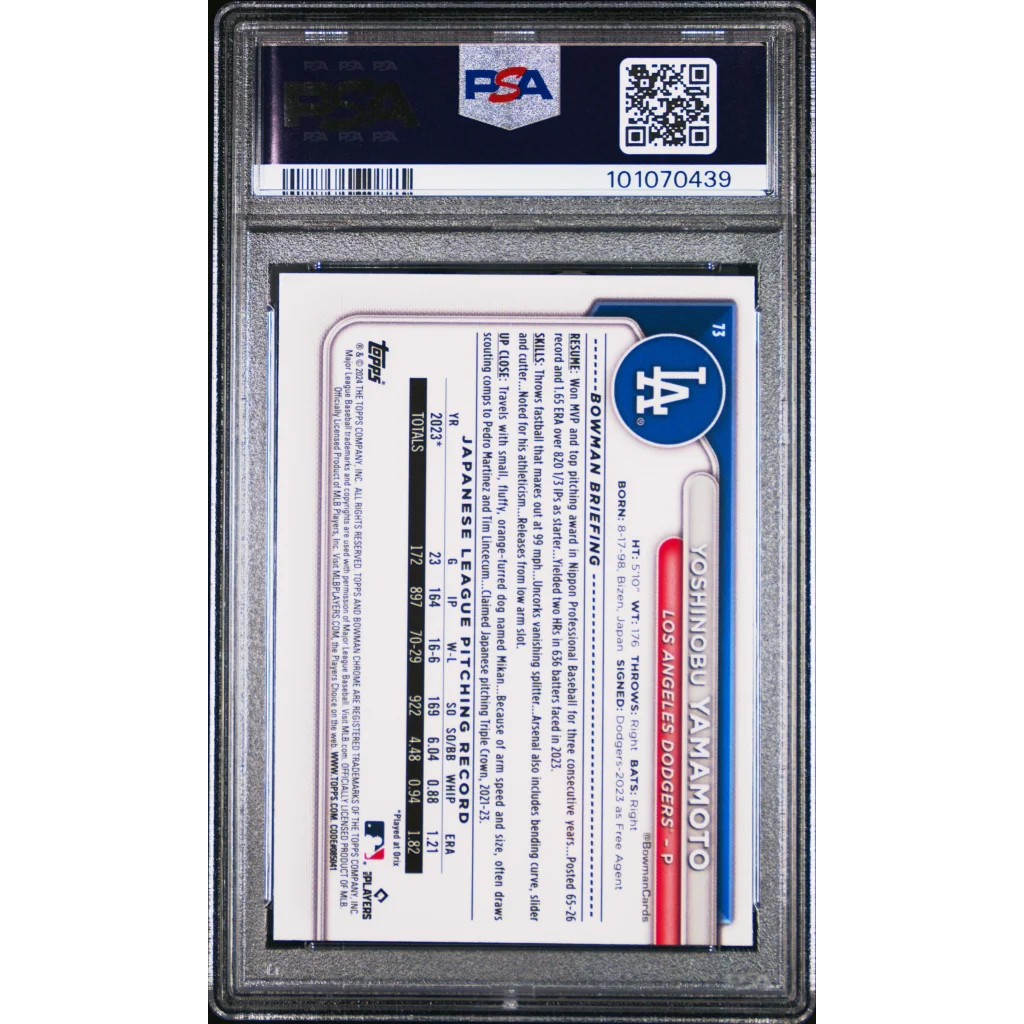 Graded 2024 Topps Bowman Chrome yoshinobu yamamoto rookie baseball card #73 in a psa 10 gem mint protective slab