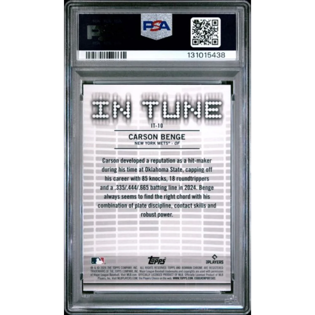 Back of PSA 10 graded 2024 Topps Bowman Draft Carson Benge In Tune Mets RC card