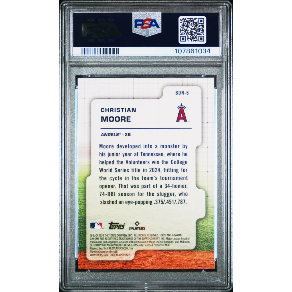 Graded 2024 Topps Bowman Draft Christian Moore #BDN6 Draft Night Rookie RC Baseball Card PSA 10 Gem Mint | PSA 10 Gem Mint Graded Rookie Card | vintageantiquesgifts.com