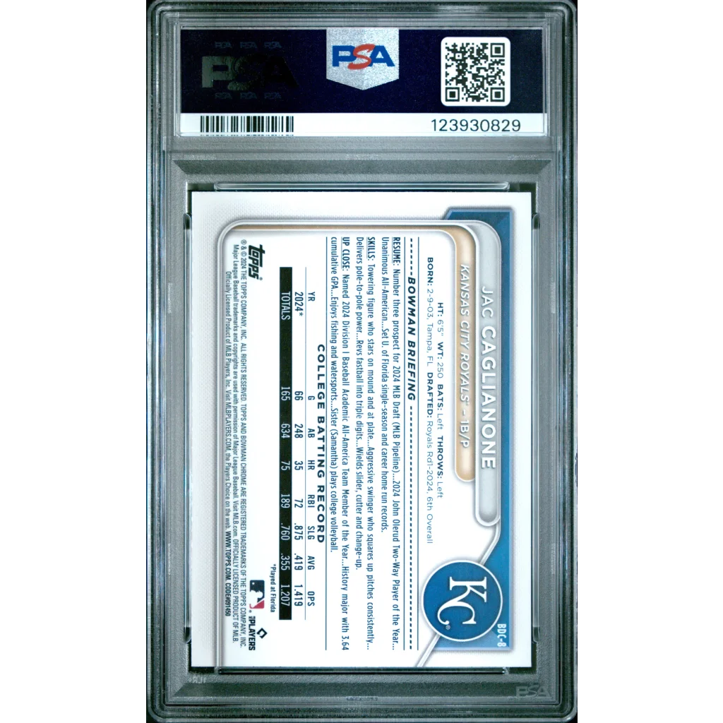 Graded 2024 Topps Bowman Draft Jac Caglianone #BDC8 Chrome Rookie RC Baseball Card PSA 9 Mint