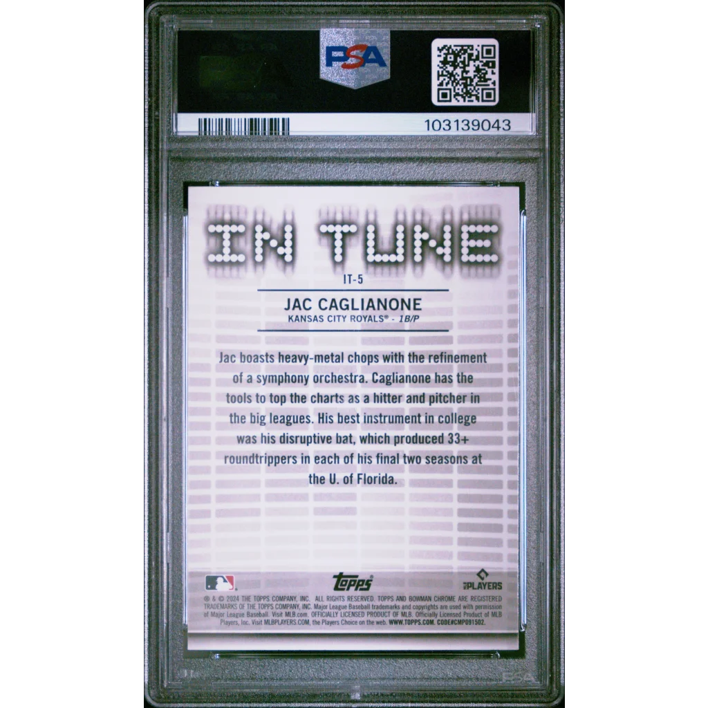 Graded 2024 Topps Bowman Draft Jac Caglianone #IT5 In Tune Rookie RC Baseball Card PSA 10 Gem Mint | PSA 10 Gem Mint Graded Rookie Card | vintageantiquesgifts.com