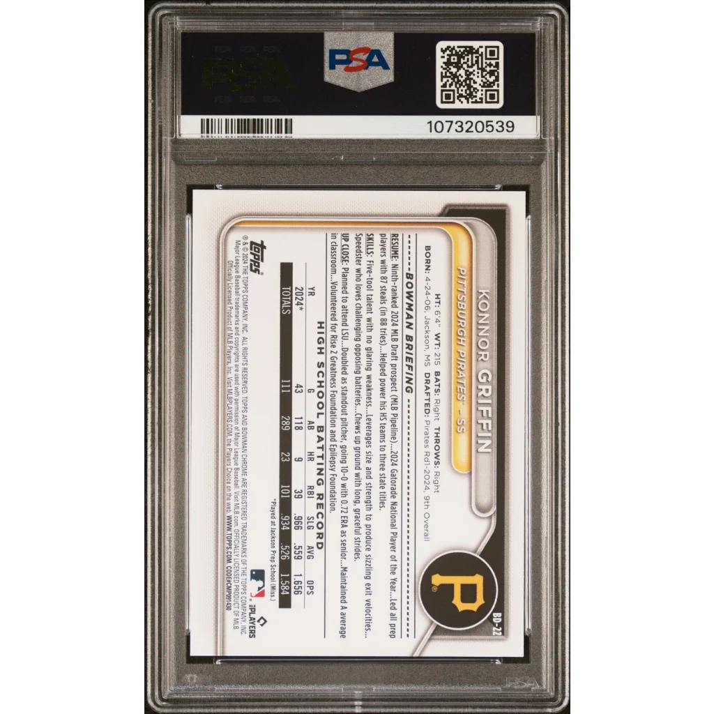 Graded PSA 10 2024 Topps Bowman Draft Konnor Griffin Rookie Card #BD22