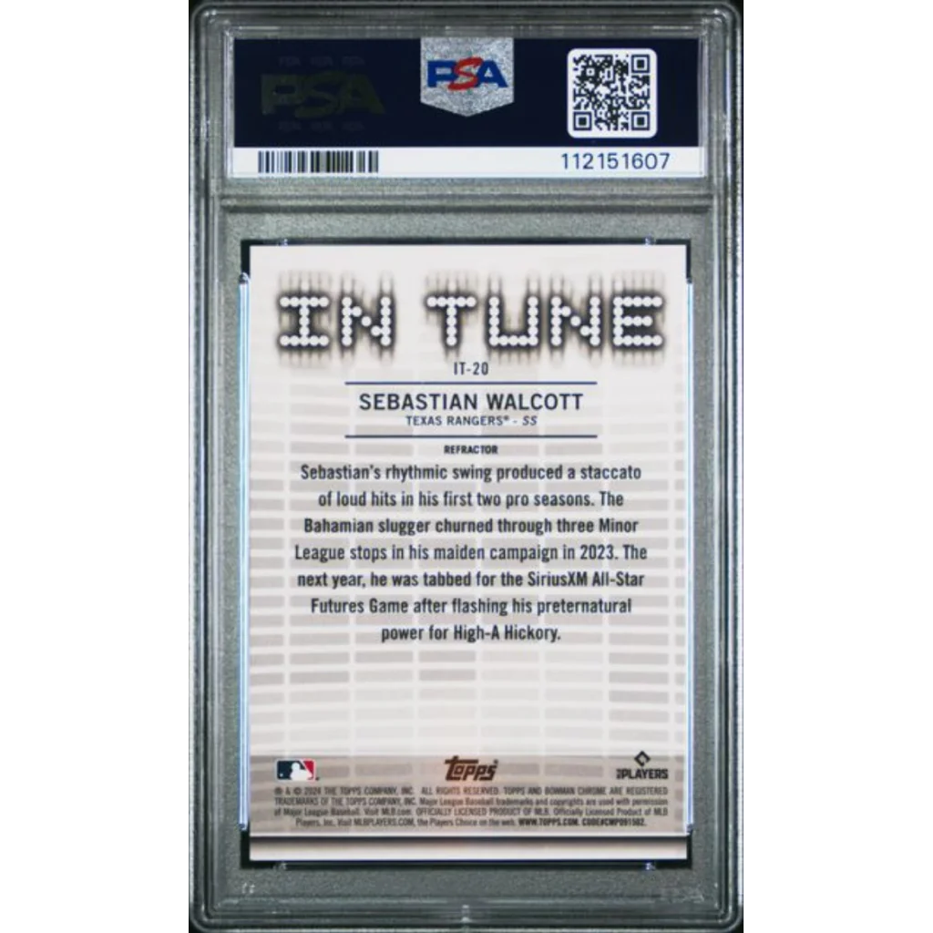 Graded 2024 Topps Bowman Draft Sebastian Walcott IT20 In Tune Refractor 250 Rookie RC Baseball Card PSA 10 Gem Mint | PSA 10 Gem Mint Graded Rookie Card | vintageantiquesgifts.com