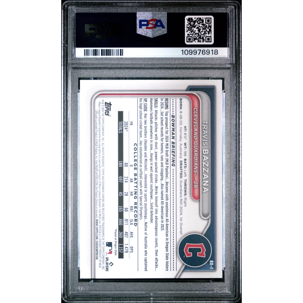Graded PSA Mint 9 Travis Bazzana Cleveland Guardians rookie baseball card