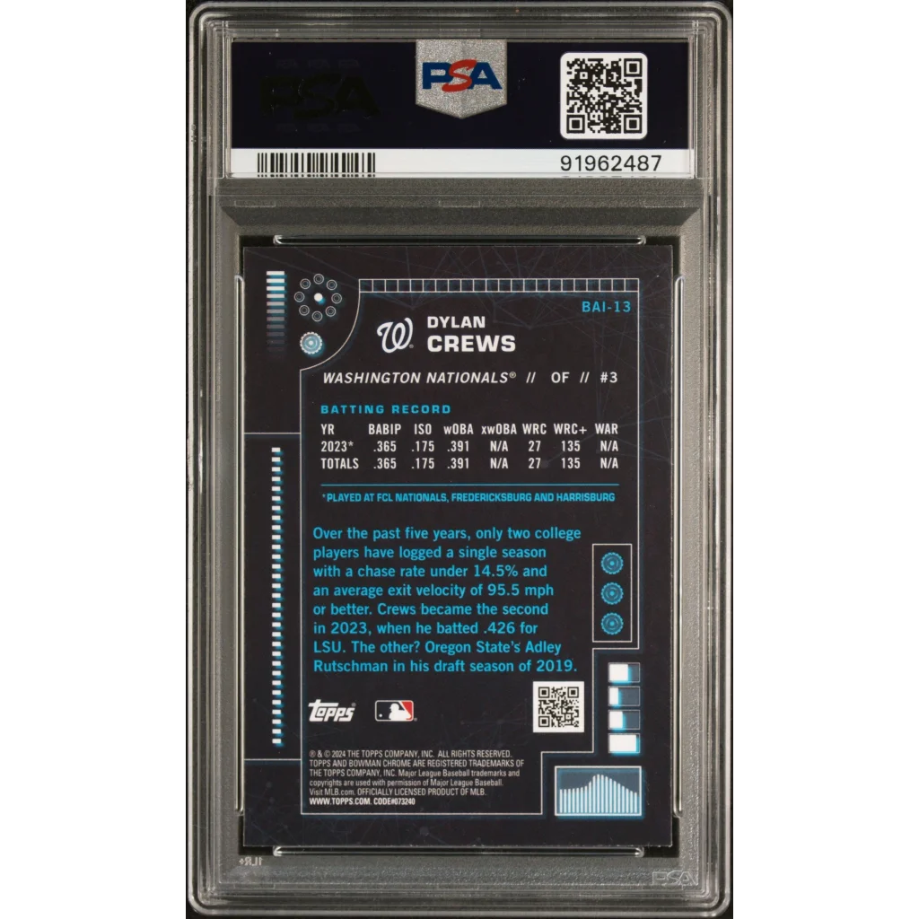 Gem mint Dylan Crews BAI13 AI Rookie baseball card for Washington Nationals
