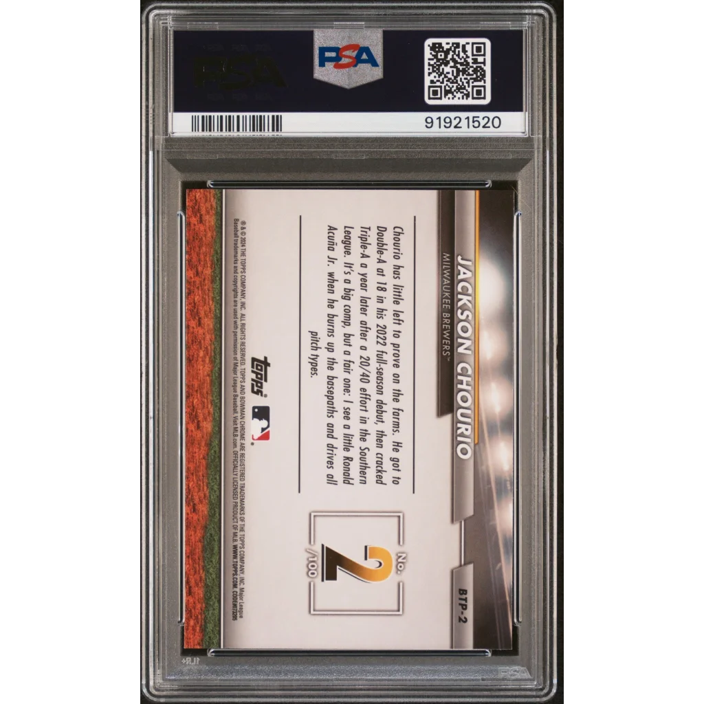 Graded 2024 Topps Bowman Jackson Chourio #BTP2 Scouts Top 100 Rookie RC Baseball Card PSA 10 Gem Mint | PSA 10 Gem Mint Graded Rookie Card | vintageantiquesgifts.com