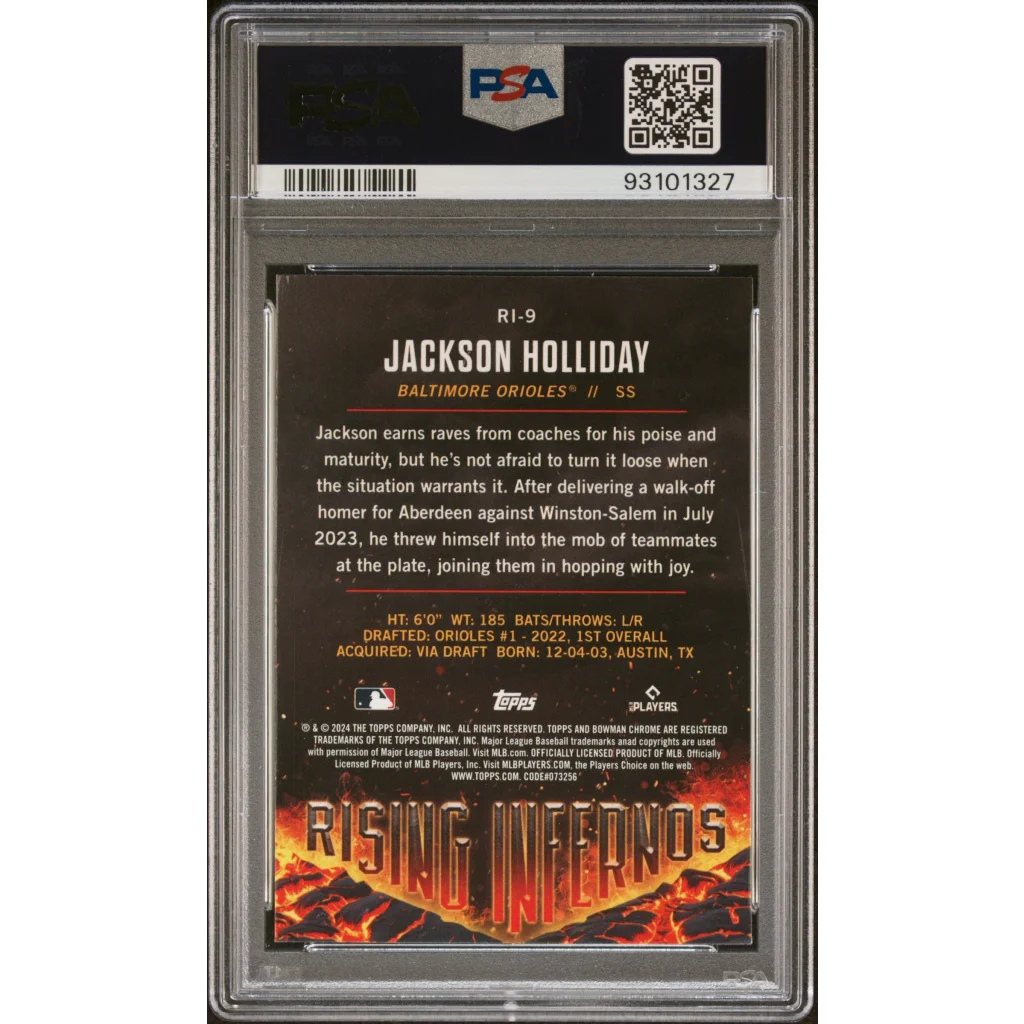 Graded 2024 Topps Bowman Jackson Holliday #RI9 Rising Infernos Rookie RC Baseball Card PSA 10 Gem Mint | PSA 10 Gem Mint Graded Rookie Card | vintageantiquesgifts.com