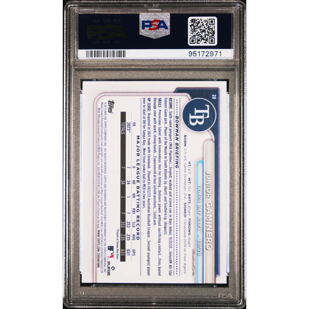 Junior Caminero 2024 Bowman Rookie Card PSA 10 GEM MINT with batting stats and report
