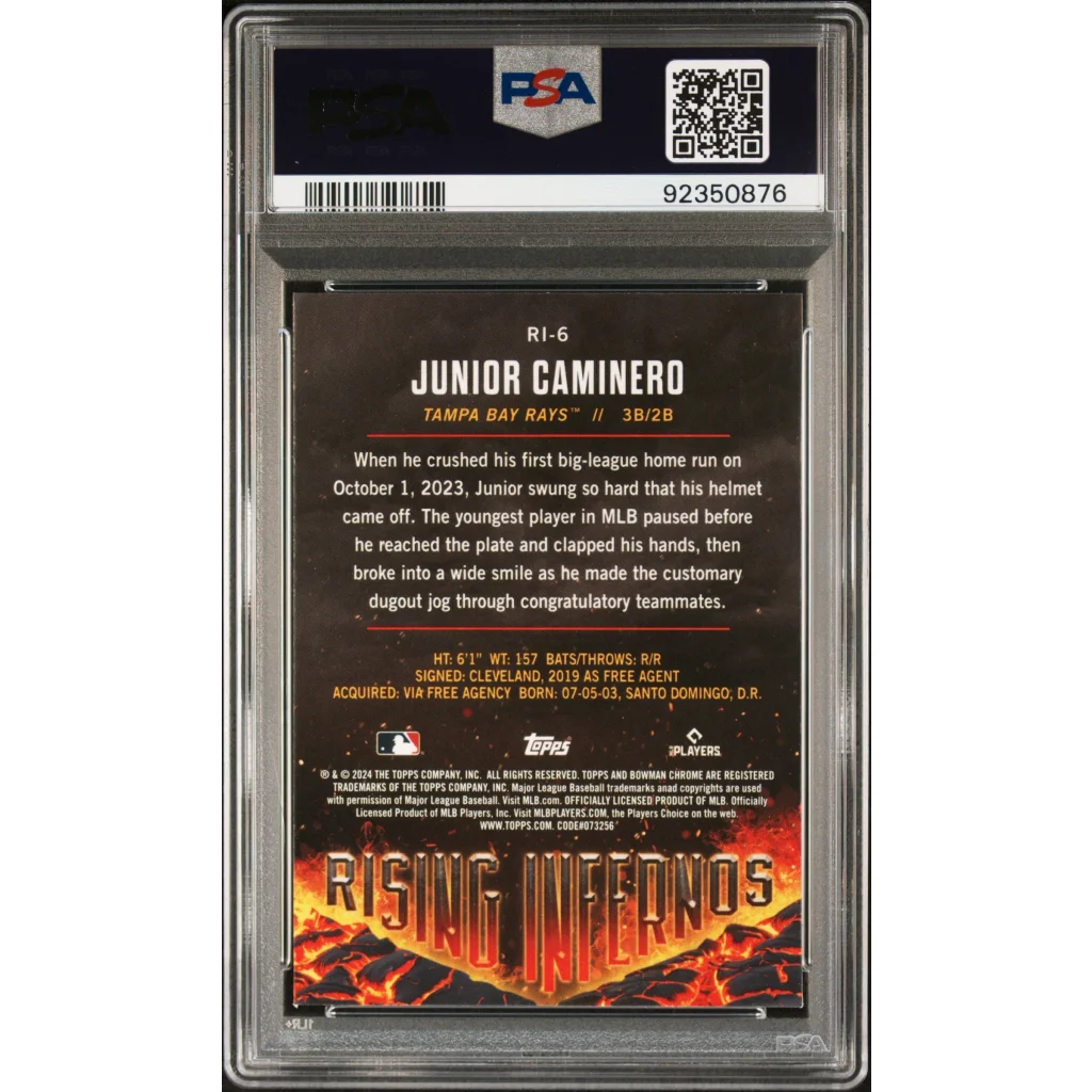 A graded PSA 10 Junior Caminero 2024 Bowman Rising Infernos Rookie Card baseball card