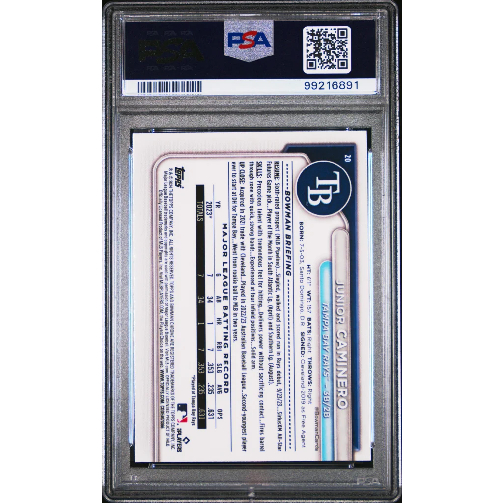 Graded 2024 Topps Bowman Mega Box Junior Caminero #20 Chrome Rookie RC Baseball Card PSA 10 Gem Mint | PSA 10 Gem Mint Graded Rookie Card | vintageantiquesgifts.com