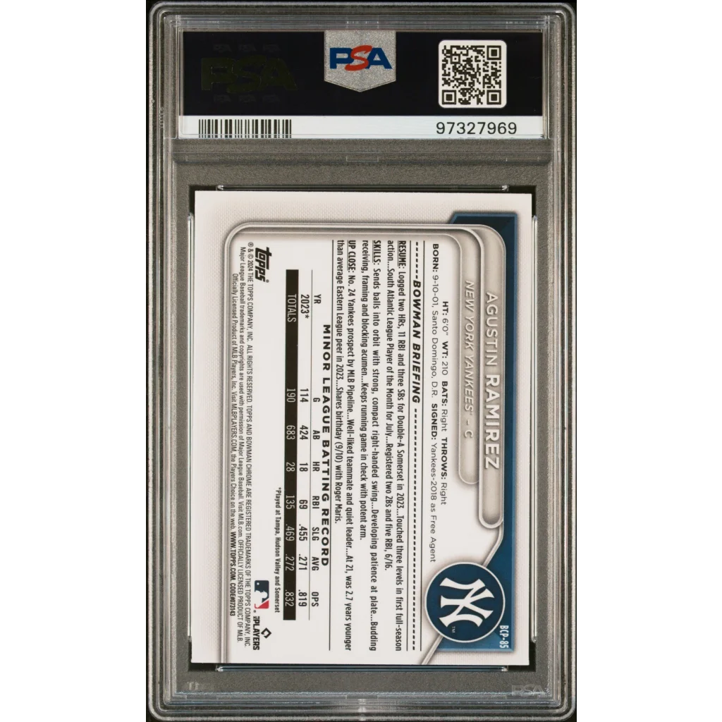 PSA graded 2024 Bowman Sapphire Agustin Ramirez Yankees Chrome baseball card