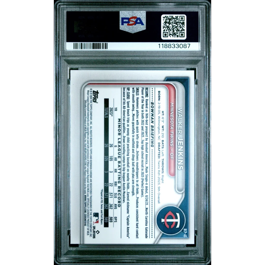 Graded 2024 Topps Bowman Sapphire Walker Jenkins #BCP43 Chrome Prospect Rookie RC Baseball Card PSA 10 Gem Mint | PSA 10 Gem Mint Graded Rookie Card | vintageantiquesgifts.com