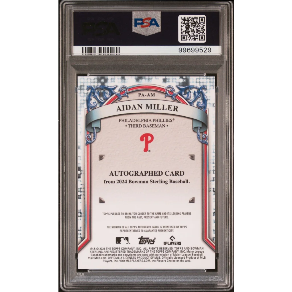 PSA graded Aidan Miller 2024 Bowman Sterling baseball card with autograph